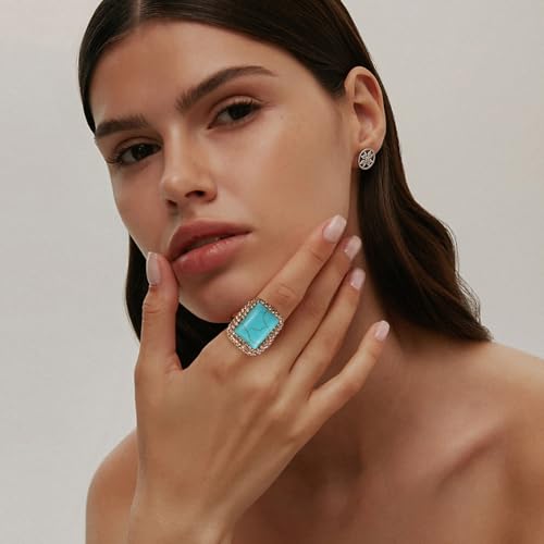 HZMAN Natural Stone Statement Ring for Women, Crystal Paved Bold Cocktail Ring, Adjustable Gold Tone Fashion Jewelry - color: Turquoise Square
