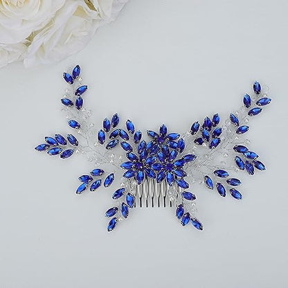 Hair Comb, Women Handmade Blue Rhinestone Crystal Flower Wedding Bridal Headpiece for Weddings, Parties, Mother's Day Gift (BLUE, 28cm*8cm) - color: BLUE