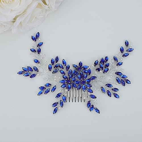 Hair Comb, Women Handmade Blue Rhinestone Crystal Flower Wedding Bridal Headpiece for Weddings, Parties, Mother's Day Gift (BLUE, 28cm*8cm) - color: BLUE