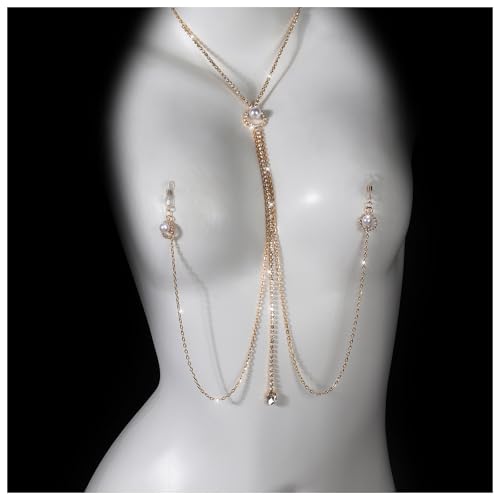 Sexy Rhinestone Pearl Tassel Non Piercing Nipple Chain Jewelry for Women Crystal Drop Chest Chain Festival Rave Nipple Body Jewelry for Party - color: Gold