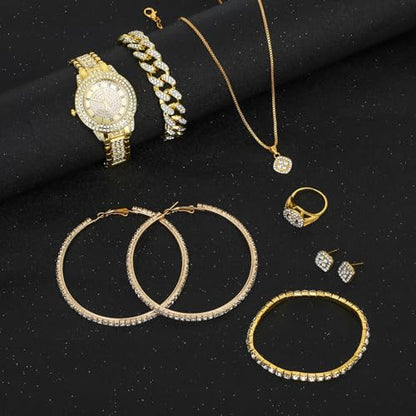 NEWITIN 13 Pieces Silver Jewelry Set for Women Stainless Steel Cuban Link Necklaces Bracelets Earrings Watch Ring Bling Cubic Zirconia Cuban Jewelry Set for Women Men - color: Gold Jewelry Set