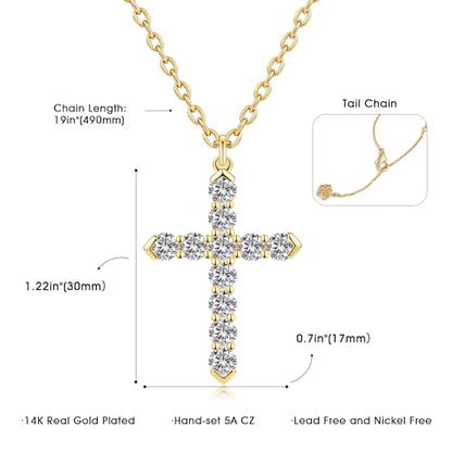 Cross Necklace for Women, Silver Cross Pendant Necklaces | 14K Gold Plated, Dainty CZ Cross Necklace, Non Tarnish and Hypoallergenic Jewelry for Women, Christian Religious Faith Gifts - color: 01-Gold-White