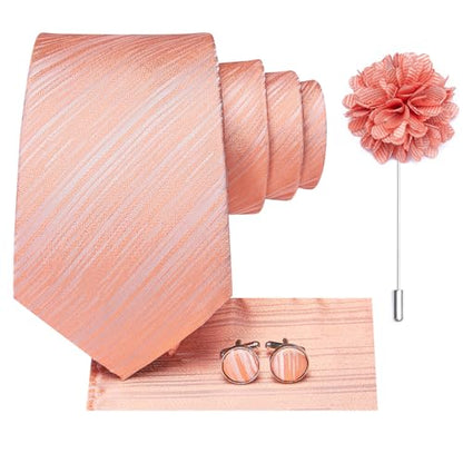 Hi-Tie Men's Silk Ties Formal Woven Classic Necktie Pocket Square Cufflinks Lapel Pin Set Wedding Business - color: A Pink