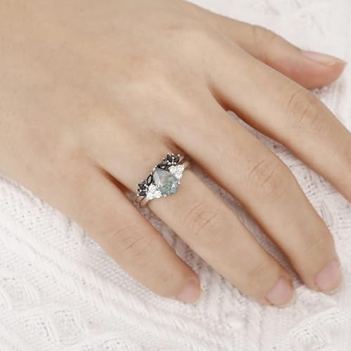 Moss Agate Bridal Wedding Rings Set for Women 925 Sterling Silver | Plated Platinum/Black Gold, Gothic, Vintage, Engagement Promise Ring, Anniversary Valentine Day Birthday Gift for Her - style: Platinum Plating Retro Open Ring