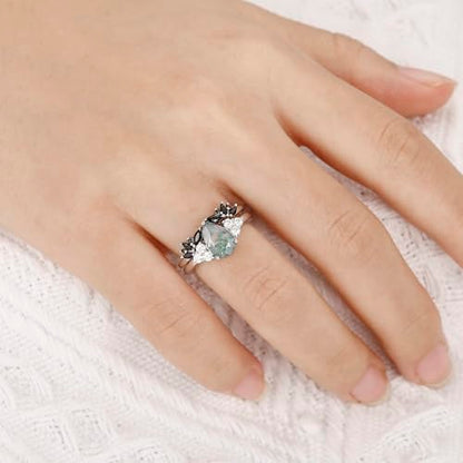 Moss Agate Bridal Wedding Rings Set for Women 925 Sterling Silver | Plated Platinum/Black Gold, Gothic, Vintage, Engagement Promise Ring, Anniversary Valentine Day Birthday Gift for Her - style: Platinum Plating Retro Open Ring
