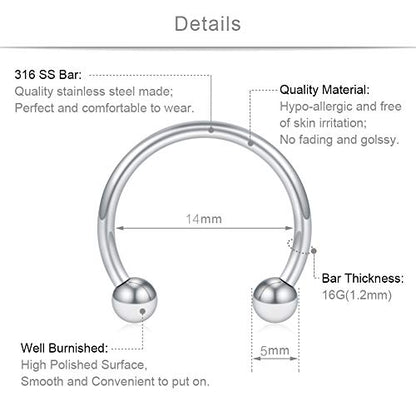 SCERRING 12PCS 10-14mm Stainless Steel Nose Horseshoe Hoop Rings Eyebrow Lip Ear Tragus Septum Piercing Hanger Retainer 16G 14G 12G - style: 16G - Inner Dia. 14mm