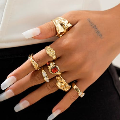 Chunky Gold Statement Rings for Women Dainty Gemstone Crystal Ring Stackable Opening Adjustable Knuckle Bold Thick Irregular Ring Set Vintage Jewelry