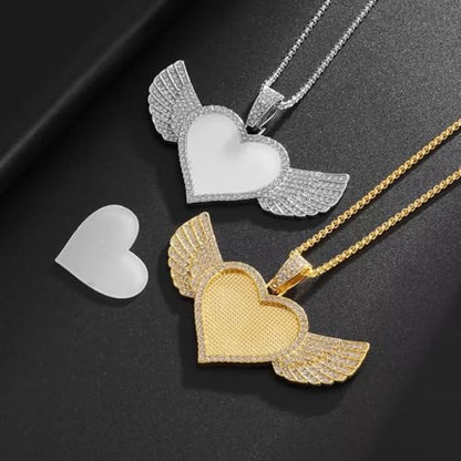 Hip Hop Ice Out Angel Wings Heart Shaped Photo Frame Pendant Necklace for Men and Women Fashion Souvenirs Jewelry Gifts - color: silvery