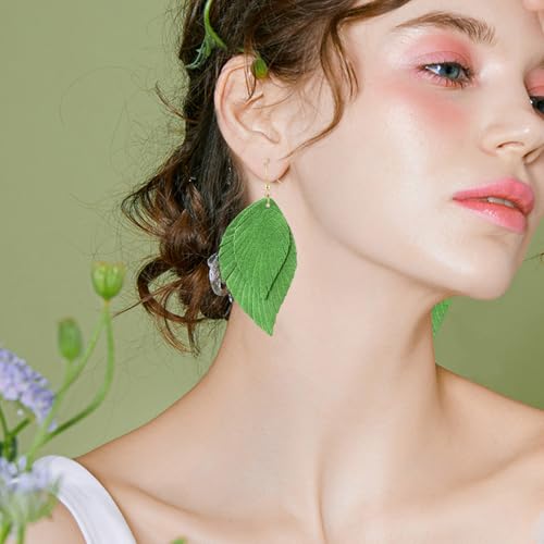 Genuine Leather Handmade Fringe Feather Lightweight Dangle Drop Earrings Teardrop Tassel Hook Earrings for Women - style: 6 Bright Green