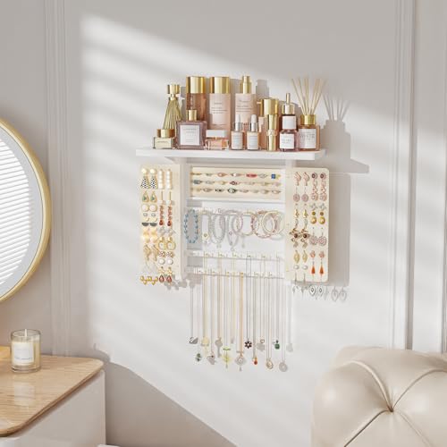 Emfogo Jewelry Organizer Hanging Wall Mounted Jewelry Holder, 5-in-1 Large Capacity Necklace Organizer Wall Hanging Jewelry Display for Ring, Necklaces, Bracelets, Earrings (White) - color: White