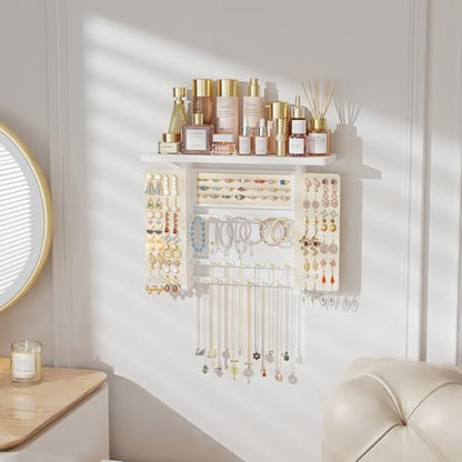 Emfogo Jewelry Organizer Hanging Wall Mounted Jewelry Holder, 5-in-1 Large Capacity Necklace Organizer Wall Hanging Jewelry Display for Ring, Necklaces, Bracelets, Earrings (White) - color: White