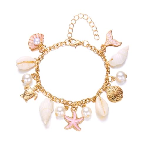 Shell Starfish Bracelet Seahorse Conch Starfish Sea Shell Pearls Charm Stone Bracelet Statement Bohemian Sea Themed Beach Jewelry for Women - color: Pink W