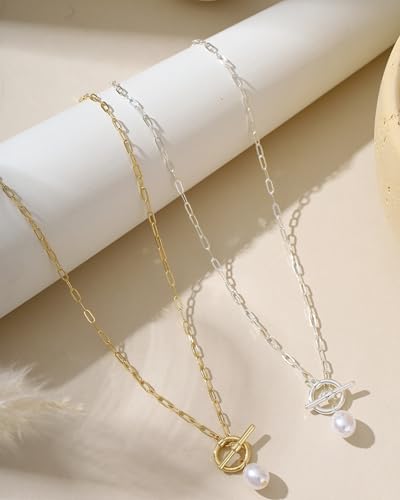 Pearl Necklaces for Women Trendy 14k Gold Plated Cubic Zirconia Pearl Pendant Necklace Valentines Day Wedding Birthday Mother's Day Gifts Dainty Gold Necklace for Women - color: Style 8 - Silver Necklace