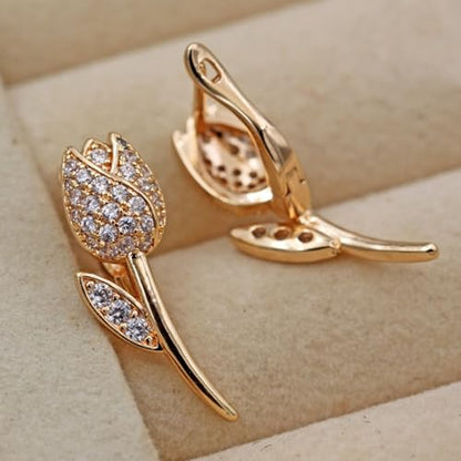 18K Gold Plated Flower Dangle Earrings for Women, Hypoallergenic Cubic Zirconia Earrings, Elegant CZ Drop Earrings, Statement Jewelry Gifts Party Fashion - style: Hoop-Tulip