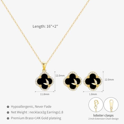 14K Gold Plated | 14K Platinum Plated Necklace for Women Necklace Earrings Set with Sparkling Zircon Inlay and Silver Post Earrings - color: clover suit gold