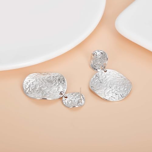 Large Geometric Drop Dangle Earrings for Women Pearl Teardrop Disc Rectangle Oval Fishtail Shell Shaped Textured Dangle Studs Earrings for Women - color: Silver-Disc