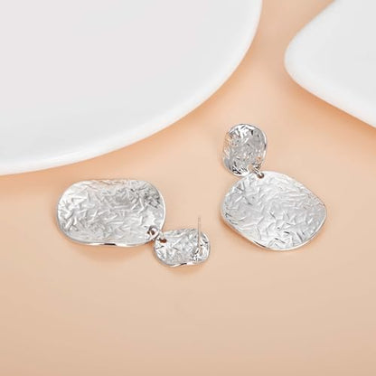 Large Geometric Drop Dangle Earrings for Women Pearl Teardrop Disc Rectangle Oval Fishtail Shell Shaped Textured Dangle Studs Earrings for Women - color: Silver-Disc