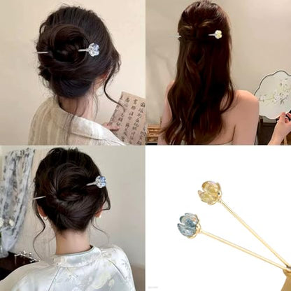 2 Pcs Lotus Hair sticks for buns,Hair pins for women,Buns and Updos with No Hair Damage,Metal French Pin Great Hold,Suitable for fine & thick hairUS374 (Yellow + Blue) - color: Yellow + Blue