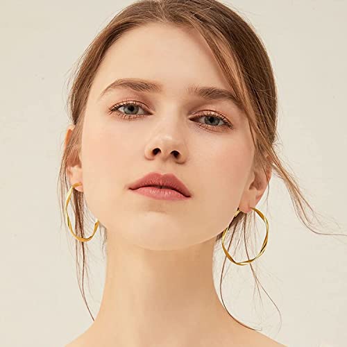 24K Gold Hoop Earrings for Women Trendy Real Gold Plated Twisted Thin Huggie Hoops, Dainty Cute Big Gold Filled Dangle Hoop Earrings Nickel Free Womens Earrings for Sensitive Ears Hypoallergenic - style: Gold 50mm