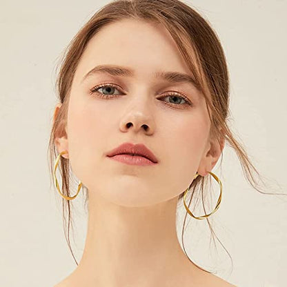 24K Gold Hoop Earrings for Women Trendy Real Gold Plated Twisted Thin Huggie Hoops, Dainty Cute Big Gold Filled Dangle Hoop Earrings Nickel Free Womens Earrings for Sensitive Ears Hypoallergenic - style: Gold 50mm