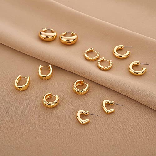 Wgoud 6 Pairs Chunky Gold Hoop Earrings for Women, 14K Gold Plated Hoop Earrings Hypoallergenic, Thick Lightweight Twisted Huggie Hoops Earring Set for Women’s Jewelry GIfts - color: 6 Gold Hoops set