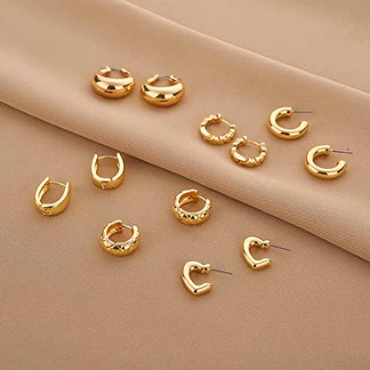 Wgoud 6 Pairs Chunky Gold Hoop Earrings for Women, 14K Gold Plated Hoop Earrings Hypoallergenic, Thick Lightweight Twisted Huggie Hoops Earring Set for Women’s Jewelry GIfts - color: 6 Gold Hoops set