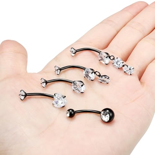 Vsnnsns 14G Dangle Belly Button Ring Piercing Jewelry 316L Stainless Surgical Steel Round Heart Cubic Zirconia Navel Rings Dangling Belly Button Ring Piercing Jewelry for Women 14 Gauge Hypoallergenic - color: Black-14MM Bar-Clear CZ
