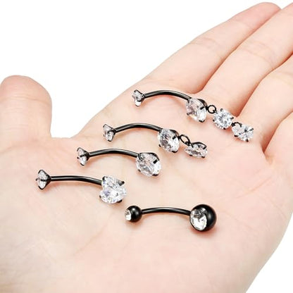 Vsnnsns 14G Dangle Belly Button Ring Piercing Jewelry 316L Stainless Surgical Steel Round Heart Cubic Zirconia Navel Rings Dangling Belly Button Ring Piercing Jewelry for Women 14 Gauge Hypoallergenic - color: Black-14MM Bar-Clear CZ