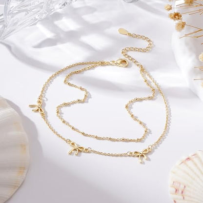Anklets for Women Waterproof 14K Gold Plated Beach Ankle Bracelets Dainty Summer Bow Clover Heart Evil Eye Anklet Non Tarnish Layered Beach Cz Jewelry Accessories for Women Trendy - color: Gold-Bow