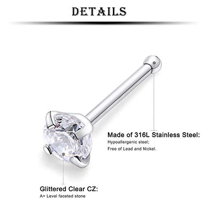 18G 20G 22G Nose Rings Studs 316L Surgical Steel Straight Screw L Shaped Nose Studs for Women Men CZ Opal Size 1.5mm 2mm 2.5mm 3mm - color: 18G-Straight Studs-Opal/CZ 2.5MM