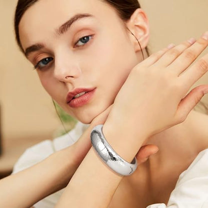 NICEIGHT 18K Gold Plated Chunky Bangle Bracelets for Women Gold Wide Cuff Bangle Bracelet Hammered Minimalist Thick Gold Wrist Wrap Bracelets - color: Silver Thin Hammered Bracelet