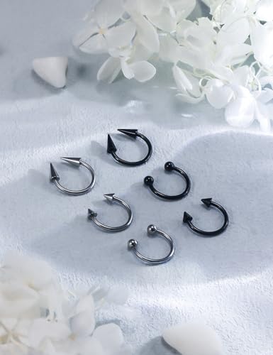 6Pcs Septum Rings 16G Surgical Steel Snake Bite Jewelry Long Spike Horseshoe Lip Rings Smiley Piercing Jewelry for Women Men 8mm 10mm - color: 16g,Diameter:10mm,silvertone+black