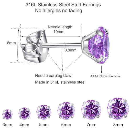 6 Pairs Stud Earrings Set, Hypoallergenic Cubic Zirconia Earrings 316L Stainless Steel CZ Earrings 3-8mm - color: A-Purple CZ