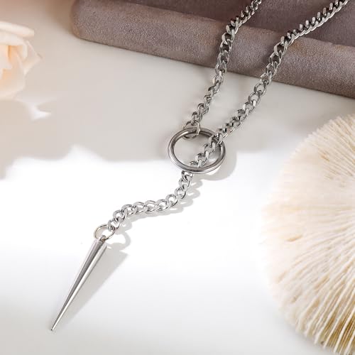 Slip Chain Choker for Women Handmade Black Stainless Steel Cuban Chain Chunky Moon Bat Raven Skull Pendant Gothic Punk Rock Collar Adjustable Lariat Y Necklace for Men - style: Silver Spike