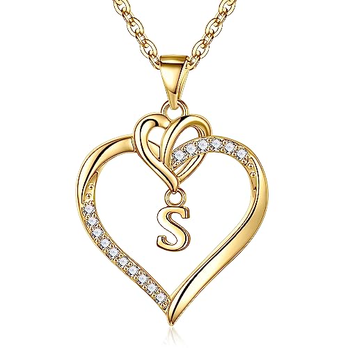 STORUP Heart Initial Necklaces for Women Girls, Initial A-Z Heart Necklace | 14K-Gold-Plated, Initial Heart Necklaces for Teen Girl Jewelry, Anniversary Birthday Gifts for Girls Women Her Wife Mom - color: Gold, style: S