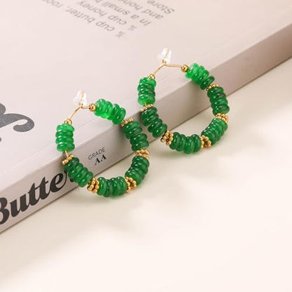 Wellike Beaded Hoop Earrings for Women Natural Stone Pink Gold Huggie Earrings Hypoallergenic Dainty Waterproof Trendy Jewelry - color: green, size: 35mm