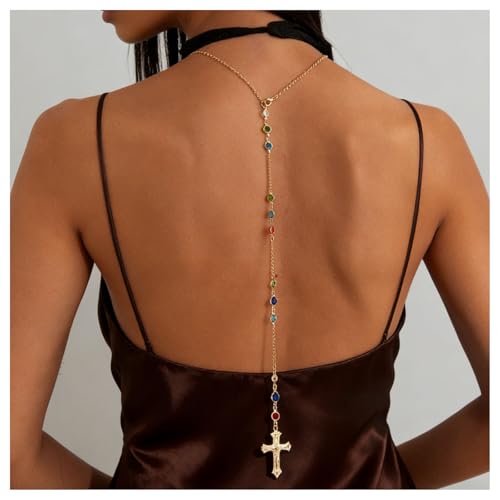 Gold Cross Back Necklace for Women, Dainty Colorful Crystal Y-Shaped Backdrop Chain, Open Back Dress Body Chain Jewelry for Wedding Prom Party