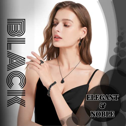 GZWHD Jewelry Set for Women Water Drop Cubic Zirconia Artificial Crystal Earrings Pendant Necklace Open Ring Tennis Bracelet Wedding Anniversary Birthday Engagement Gift for Bridesmaid Wife Girlfriend Friend - color: Black Gun-Black