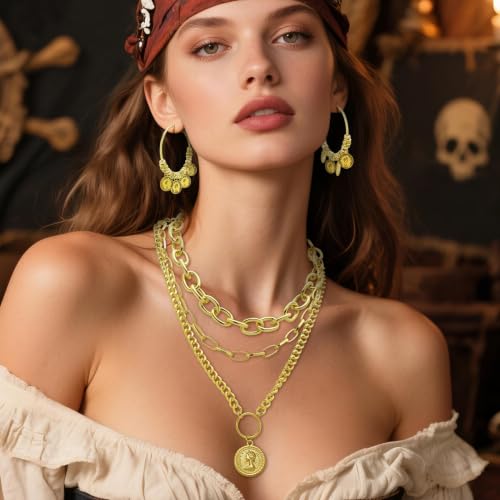 2 Pcs Layered Golden Pirate Necklace Earrings for Women Chunky Chain Layered Necklace Boho Gypsy Hoop Earrings Punk Grunge 80s 90s Coin Pendant Jewelry Halloween Pirate Costume Accessories - color: 3-layer Gold Paperclip Chains