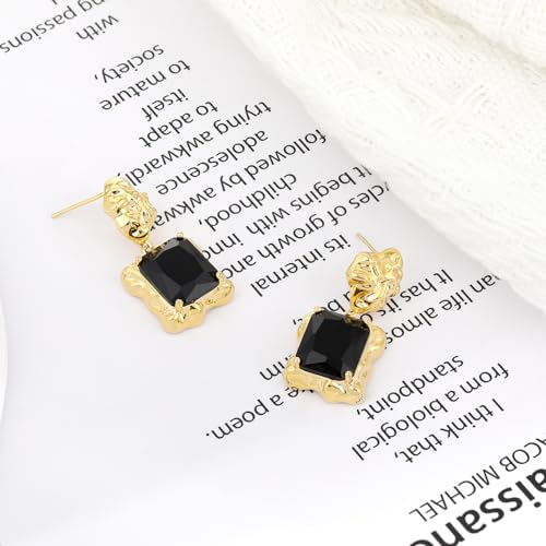 Chunky Gold Geometric Stud Earrings Trendy Vintage 14K Gold Plated Black Cubic Zirconia Statement Cocktail Earrings Dupes Jewelry for Women - style: Black Dangle