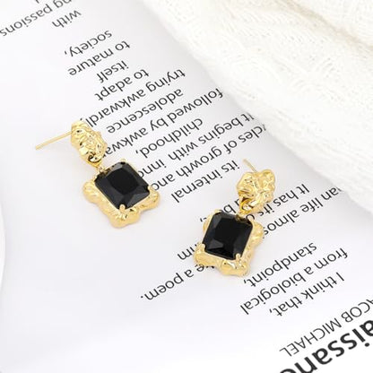 Chunky Gold Geometric Stud Earrings Trendy Vintage 14K Gold Plated Black Cubic Zirconia Statement Cocktail Earrings Dupes Jewelry for Women - style: Black Dangle
