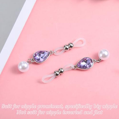 Pearls Nipple Rings Non Piercing, Purple Rhinestone Nipple Clips Adjustable Nipples Jewelry for Women, Non Pierced Pendant Faux Nipples Piercing Body Chains