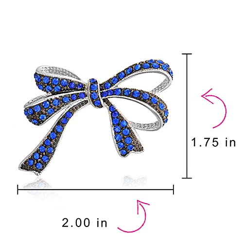 Winter Holiday Blue White Glittering Crystal Bridal Fashion Large Statement Ribbon Scarf Bow Brooch Pin For Women Rose Gold or Silver Plated - color: Dark Blue