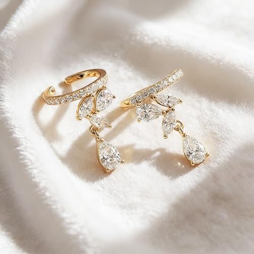 Bemoly Ear Cuff Earrings for Women 14K Gold Plated Cubic Zirconia Dangle Huggie Ear Cuffs Non Piercing | Clip On Cartilage - style: D-CZ flower-Pair