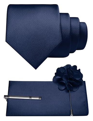 JEMYGINS Formal Necktie Solid Color Tie and Pocket Square with Tie Clip Lapel Pin Sets for Men 4PCS - color: Navy Blue