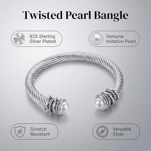 Stainless Steel Twisted Cable Wire Bracelet, Twisted Cable Bracelet with Composite Shell Pearl 6" Cuff Bracelets - color: Silver