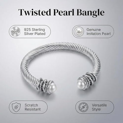 Stainless Steel Twisted Cable Wire Bracelet, Twisted Cable Bracelet with Composite Shell Pearl 6" Cuff Bracelets - color: Silver