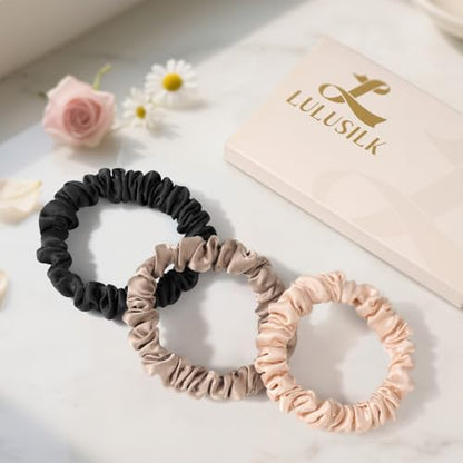 LULUSILK Small Silk Hair Ties No Damage, 100% Real Mulberry Silk, Skinny Scrunchies Ponytail Holders for Thin Fine Hair, Black Brown and Lotus Pink, Pack of 3 - color: Black&Brown&Lotus Pink