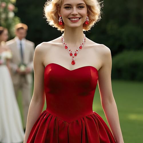 Women's Wedding Bridal Crystal Multi Teardrop Cluster Statement Necklace Dangle Earrings Set - color: 03-Ruby Color Silver-Tone