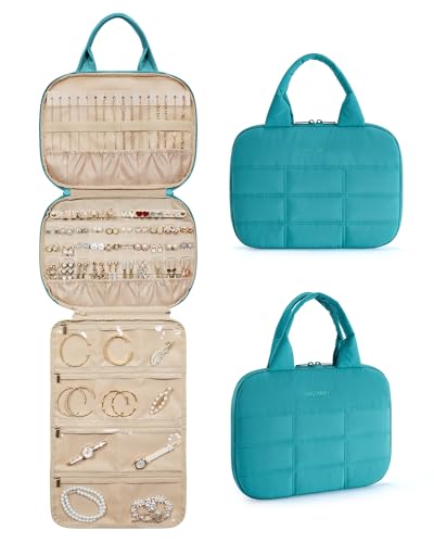 BAGSMART Travel Jewelry Organizer, Hanging Jewelry Organizer with Zipper Pockets, Large Capacity Puffy Jewelry Roll for Earrings, Necklaces, Rings on Closet, Wall, Portable Travel Essentials, Green - color: Green